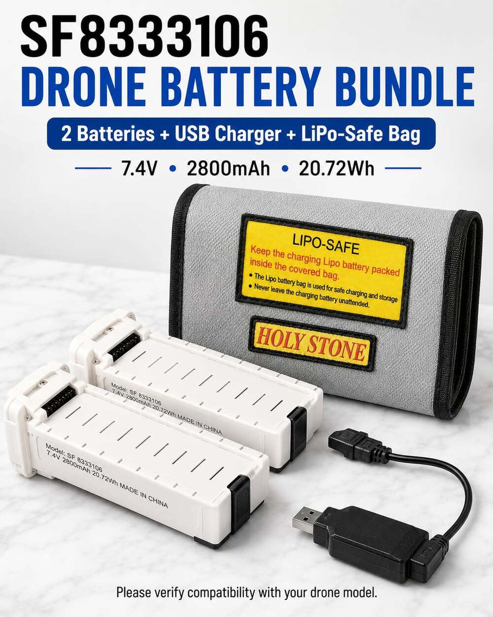 Holy Stone SF8333106 Drone Battery Bundle 2 Batteries, USB Charger, and LiPo-Saf